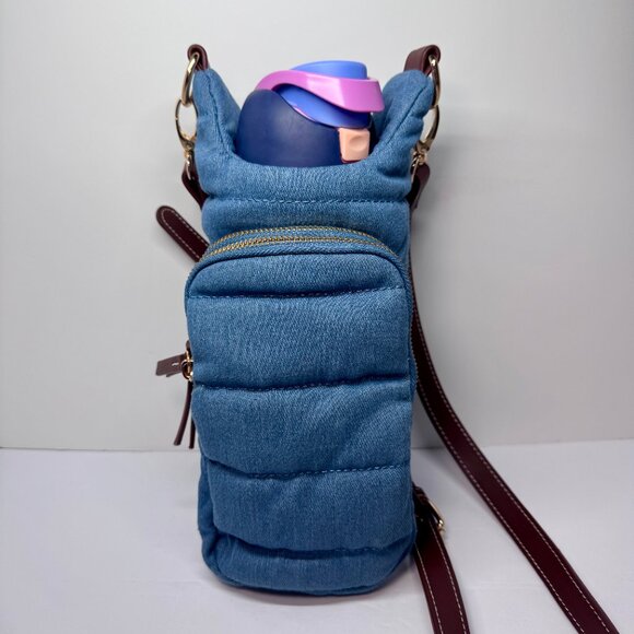 Wanderfull Denim Hydrobag with Strap, Phone and Card Holder, Blue w/brown strap - Picture 3 of 16